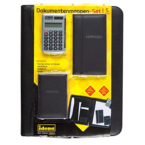 Idena 229016 - Dokumentenmappen-Set DIN 4, Set enthält: 1 Block, 1 Adressbuch, 1 Notizbuch, 1 Taschenrechner, schwarz, 1 Stück von Idena