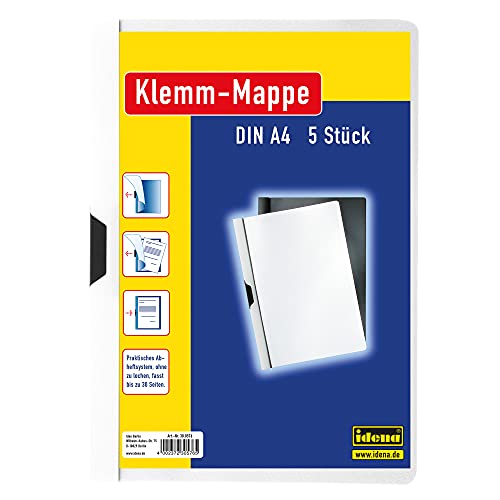 Idena 300576 - Klemmmappe für DIN A4, weiß, 5 Stück, Fassungsvermögen bis zu 30 Seiten von Idena