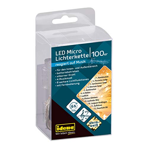 Idena 30189 - LED Micro Lichterkette mit 100 LED in warmweiß, mit 12 Lichtfunktionen, blinkt rhythmisch zu Musik, mit 6 Stunden Timer Funktion, Fernbedienung, batteriebetrieben, ca. 10,2 m lang von Idena