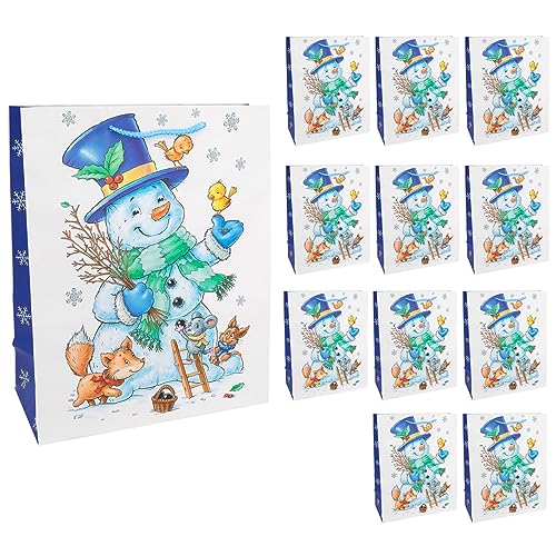 Idena 30337-12 - Geschenktüten Schneemann, 12 Stück, 26 x 32 x 12 cm, Papiertüten, Geschenktaschen, Weihnachtstüten von Idena