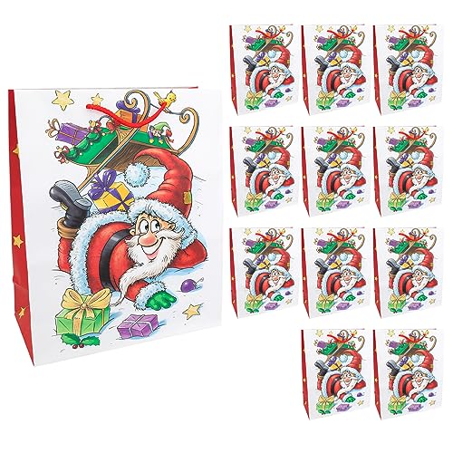 Idena 30345-12 - Geschenktüten Santa, 12 Stück, 26 x 32 x 12 cm, Papiertüten, Geschenktaschen, Weihnachtstüten von Idena