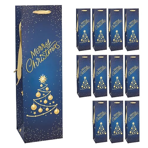 Idena 30365-12 - Flaschentasche Merry Christmas Weihnachtsbaum, 12 Stück, 12 x 39 x 10 cm, Papiertüten, Geschenktaschen, Weihnachtstüten von Idena