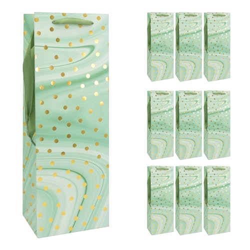 Idena 30375-10 - Flaschentaschen Dot, 10 Stück, Geschenktüten in der Größe 12 x 9 x 35 cm, Papiertüten in Mint-Grün mit goldenen Punkten von Idena