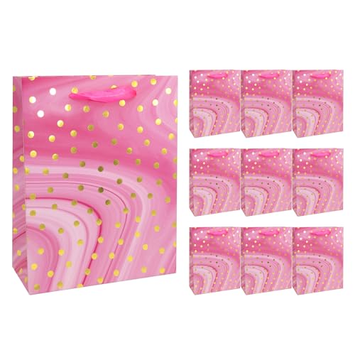 Idena 30377-10 - Geschenktüten Dot, 10 Stück, Geschenktaschen in der Größe 18 x 8 x 23 cm, Papiertüten in Pink mit goldenen Punkten von Idena