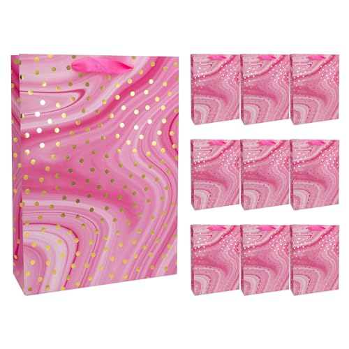 Idena 30378-10 - Geschenktüten Dot, 10 Stück, Geschenktaschen in der Größe 25 x 8 x 34,5 cm, Papiertüten in Pink mit goldenen Punkten von Idena