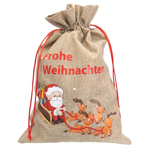 Idena 30525 - Jutesack ca. 15 x 22 cm, Stoffbeutel mit Weihnachtsmann im Rentierschlittten und Aufschrift Frohe Weihnachten, Weihnachtssack mit roter Kordel von Idena