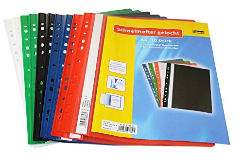 Idena 307862 - Schnellhefter A4 gelocht, aus Kunststoff, 10 Stück, 5 Farben, 2 x blau/grün/rot/weiß/schwarz (gelocht / 10 Packungen) von Idena