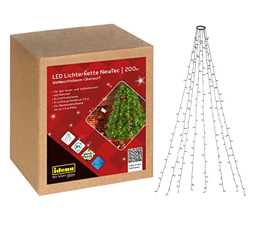Idena 31040 - LED Lichterkette mit 200 LEDs in Warmweiß, NewTec Weihnachtsbaum-Überwurf mit 8 Lichteinstellungen und Timer, 8 Strängen ca. 1,5 m lang, Deko für Innen & Außen, als Weihnachtsdeko von Idena