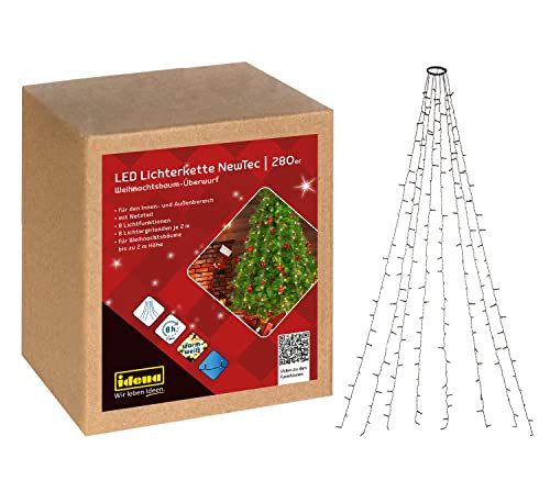 Idena 31108 - LED Lichterkette mit 280 LEDs in Warmweiß, NewTec Weihnachtsbaum-Überwurf mit 8 Lichteinstellungen und Timer, 8 Strängen ca. 2,1 m lang, Deko für Innen & Außen, als Weihnachtsdeko von Idena