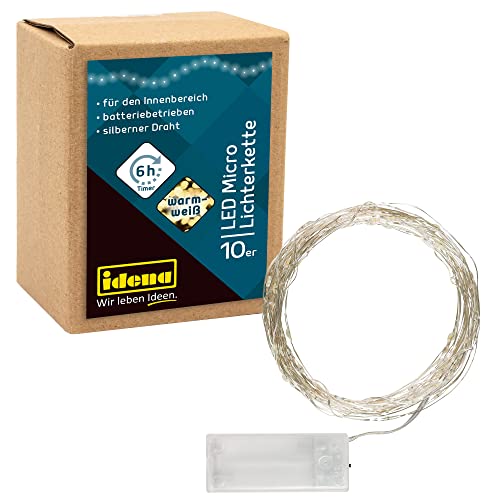 Idena 31114 - LED Micro Lichterkette mit 10 LEDs in Warmweiß, 6 Stunden Timer Funktion, batteriebetrieben, ca. 1,2 m lang, Deko für Innen, zum Basteln, als Party Deko, Weihnachtsdeko, zur Hochzeit Idena 31114 - LED Micro Lichterkette mit 10 LEDs in Warmweiß, 6 Stunden Timer Funktion, batteriebetrieben, ca. 1,2 m lang, Deko für Innen, zum Basteln, als Party Deko, Weihnachtsdeko, zur Hochzeit von Idena