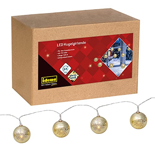 Idena 31267 - LED Girlande mit 10 LEDs in Warmweiß, Lichterkette mit goldenen Weihnachtskugeln, mit 6 Stunden Timer Funktion, batteriebetrieben, ca. 1,65 m lang, Deko für Innen, Weihnachtsdeko von Idena