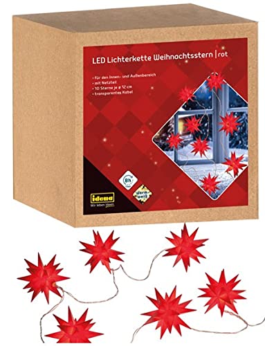 Idena 31272 - LED Lichter-Kette mit 10 roten Sternen und 8 Stunden Timer Funktion, ca. 7,70 m lang, Sterne je ca. 12 cm groß, dekorative Beleuchtung im Innen- und Außenbereich von Idena