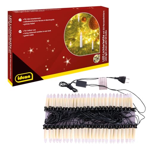 Idena 31839 - LED Lichterkette mit 50 Kerzenlichtern, elfenbeinfarbene Kerzen mit Befestigungs-Klemmen, ca. 26 m lang, Deko für Innen, Weihnachtsdeko und Beleuchtung für den Weihnachtsbaum Idena 31839 - LED Lichterkette mit 50 Kerzenlichtern, elfenbeinfarbene Kerzen mit Befestigungs-Klemmen, ca. 26 m lang, Deko für Innen, Weihnachtsdeko und Beleuchtung für den Weihnachtsbaum von Idena