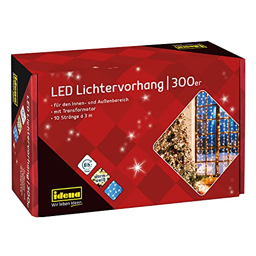 Idena 31856 - LED Lichtervorhang mit 300 LED in warmweiß, mit 8 Stunden Timer Funktion & Transformator, mit 10 Strängen ca. 3 x 3 m groß, Deko für Innen & Außen, als Party Deko, Weihnachtsdeko von Idena