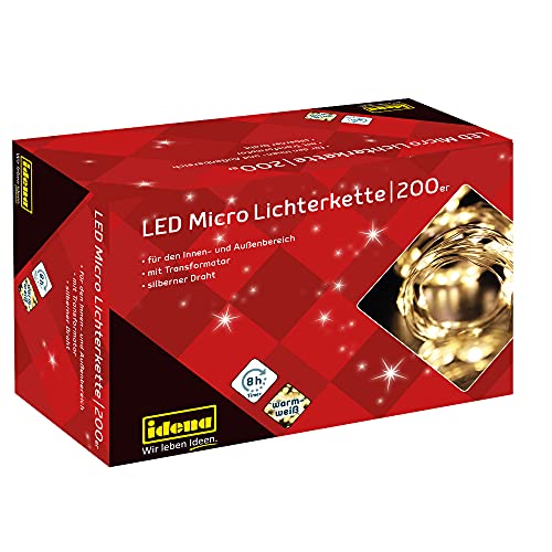 Idena 31857 - LED Micro Lichterkette mit 200 LEDs in Warmweiß, mit 8 Stunden Timer Funktion, Inkl. Stecker und Transformator, ca. 24,9 m lang, Deko für Innen & Außen, als Party Deko, Weihnachtsdeko von Idena