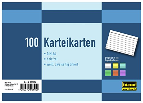 Idena 375036 - Karteikarten DIN A6, 100 Stück, 180 g/m², holzfreies Papier, eingeschweißt, liniert, weiß Idena 375036 - Karteikarten DIN A6, 100 Stück, 180 g/m², holzfreies Papier, eingeschweißt, liniert, weiß von Idena