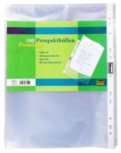 Idena 376019 - Prospekthüllen, aus PP-Folie, mit Lochrandverstärkung, dokumentenecht, Euro-Lochung, transparent,für DIN A4, Folienstärke 0,06 mm, 100 Stück, genarbt von Idena