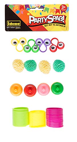 Idena 40441 Partyspaß Set mit 15 Artikeln, 3 Treppenläufer, 4 Stachelbälle, 4 Kreisel, 4 Fingerringe mit Wackelaugen - kleine, kultige Klassiker zum Spielen, Experimentieren und Entspannen von Idena