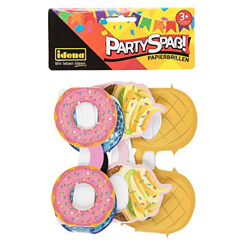 Idena 40444 - Partyspaß Papierbrillen, 4 Stück, in den lustigen Motiven Donut, Ananas, Discokugel und Waffeleis, 13 cm breit, 12,5 cm lange Pappbügel von Idena