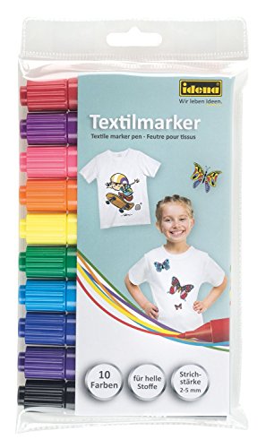 Idena 60035 - Textilmarker für helle Stoffe, 10 Textilstifte in leuchtenden Farben, Ideal für T-Shirts, Stoffbeutel, für verschiedene Materialien (5, Sortiert) von Idena