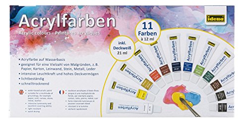 Idena 622199 – Acrylfarbenset, 12 teilig, mit deckenden Acrylfarben auf Wasserbasis und einer Tube Deckweiß, schnell trocknend, für Untergründen wie Papier, Karton, Leinwand und Stein von Idena