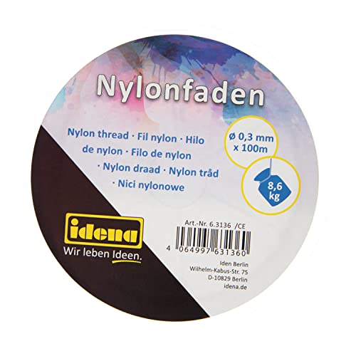 Idena 63136 - Transparenter Nylon-Faden auf Spule, unsichtbare Nylon-Schnur ca. 0,3 mm x 100 m, Tragkraft ca. 8,6 kg, zur Schmuckgestaltung, zum Basteln und Aufhängen von Mobiles, Fensterbildern uvm. Idena 63136 - Transparenter Nylon-Faden auf Spule, unsichtbare Nylon-Schnur ca. 0,3 mm x 100 m, Tragkraft ca. 8,6 kg, zur Schmuckgestaltung, zum Basteln und Aufhängen von Mobiles, Fensterbildern uvm. von Idena
