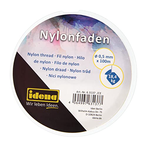 Idena 63137 - Transparenter Nylon-Faden auf Spule, unsichtbare Nylon-Schnur ca. 0,5 mm x 100 m, Tragkraft ca. 18,4 kg, zur Schmuckgestaltung, zum Basteln und Aufhängen von Mobiles, Fensterbildern uvm. von Idena