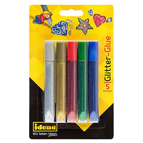 Idena 634137 - Glitter Glue, 5 Farben a 10.5 ml, zum Basteln, Dekorieren und Gestalten von Idena