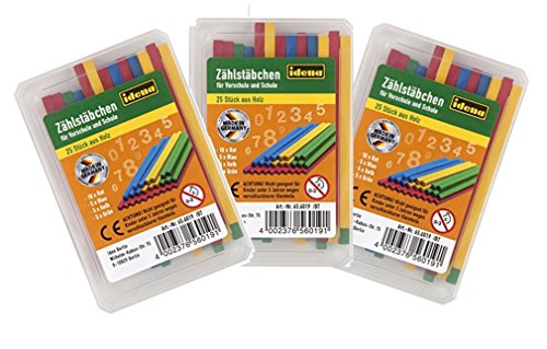 Idena 656019 Zählstäbchen, 25 Stück aus Holz, bunt (3 x 25er Box, Zählstäbchen) von Idena