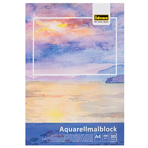 Idena 68162 - Aquarellmalblock A4 mit 30 Blatt cremefarbenem, dickem Papier zu 300g/qm, Zeichenblock für Wasserfarben & Aquarelle von Idena