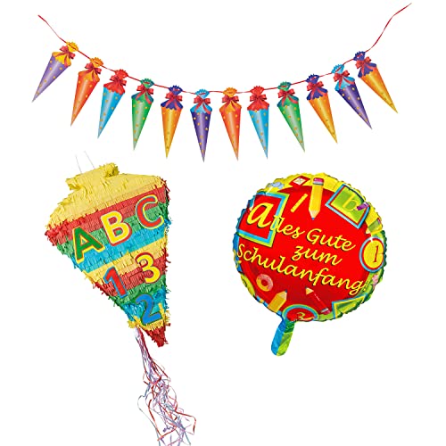 Idena 90125 - 1 Pinata Schultüte, 1 Girlande, 1 Folienballon Schulanfang, Einschulung, Schulstart, Dekoration, Geschenk von Idena