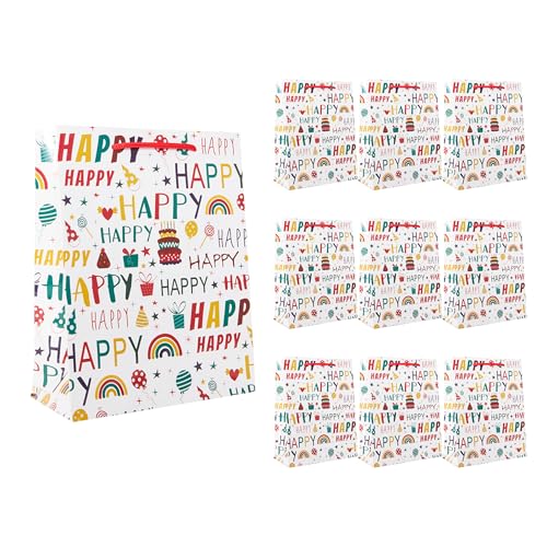 Idena 90248 - Geschenktüten Happy, 10 Stück, Geschenktaschen in der Größe 18 x 23 x 8 cm, weiße Papiertüten mit Schriftzug und Geburtstagsdeko Idena 90248 - Geschenktüten Happy, 10 Stück, Geschenktaschen in der Größe 18 x 23 x 8 cm, weiße Papiertüten mit Schriftzug und Geburtstagsdeko von Idena