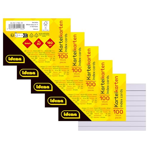 Idena 90279 - Karteikarten DIN A7, 500 Stück liniert, Lernkarten aus 180 g/m² FSC-Mix Papier in Weiß, für Schule und Büro Idena 90279 - Karteikarten DIN A7, 500 Stück liniert, Lernkarten aus 180 g/m² FSC-Mix Papier in Weiß, für Schule und Büro von Idena