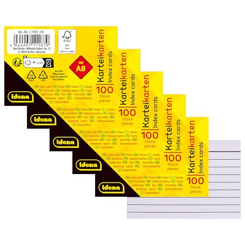 Idena 90280 - Karteikarten DIN A8, 500 Stück liniert, Lernkarten aus 180 g/m² FSC-Mix Papier in Weiß, für Schule und Büro von Idena