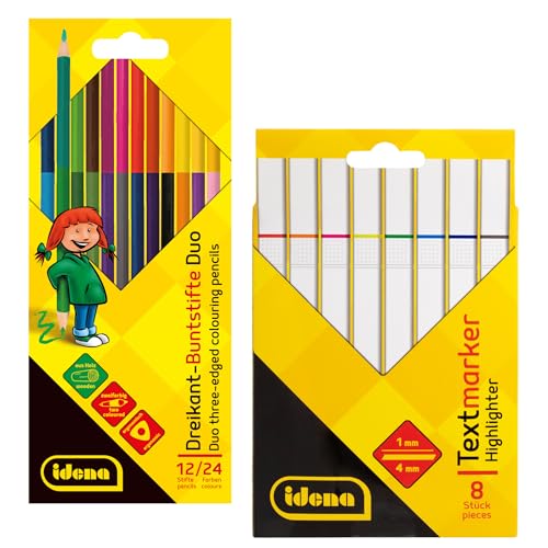 Idena 90299 - Set mit 12 Bunstiften in 24 Farben und 8 Textmarkern, Farbstifte in ergonomischer Dreiecksform, Marker mit Keilspitze und Strichstärke 1-4 mm Idena 90299 - Set mit 12 Bunstiften in 24 Farben und 8 Textmarkern, Farbstifte in ergonomischer Dreiecksform, Marker mit Keilspitze und Strichstärke 1-4 mm von Idena