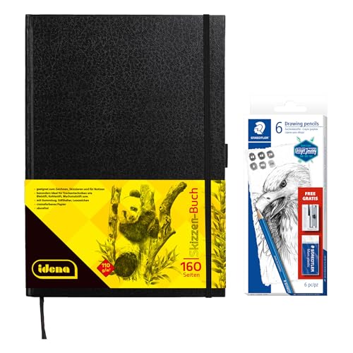 Idena 90346 - Skizzenbuch DIN A4 mit 160 Seiten, blanko, inkl. STAEDTLER Skizzen Set mit 6 Zeichenbleistiften, Anspitzer und Radiergummi Idena 90346 - Skizzenbuch DIN A4 mit 160 Seiten, blanko, inkl. STAEDTLER Skizzen Set mit 6 Zeichenbleistiften, Anspitzer und Radiergummi von Idena