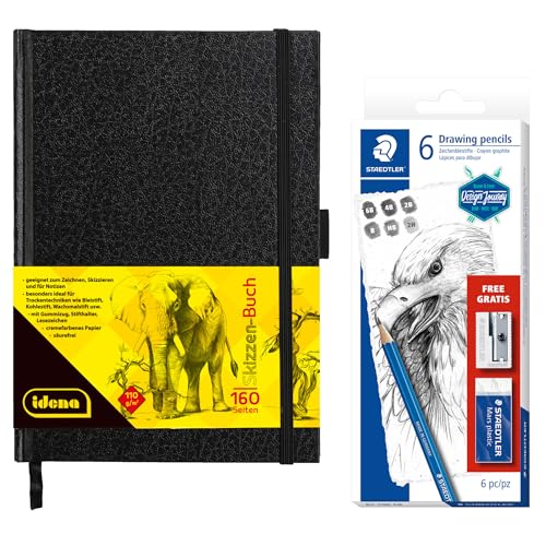 Idena 90348 - Skizzenbuch DIN A5 mit 160 Seiten, blanko, inkl. STAEDTLER Skizzen Set mit 6 Zeichenbleistiften, Anspitzer und Radiergummi Idena 90348 - Skizzenbuch DIN A5 mit 160 Seiten, blanko, inkl. STAEDTLER Skizzen Set mit 6 Zeichenbleistiften, Anspitzer und Radiergummi von Idena