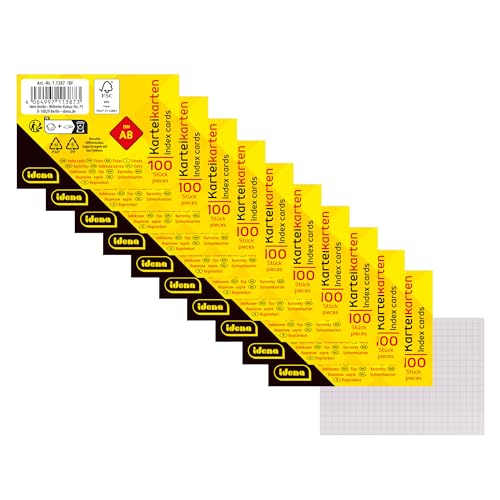 Idena 90361 - Karteikarten A8, 1000 Stück kariert, Lernkarten aus 180 g/m² FSC-Mix Papier in Weiß, für Schule und Büro von Idena