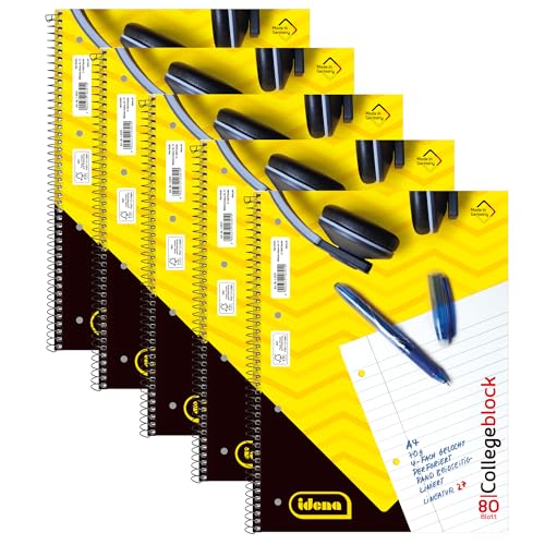 Idena 90366-5 Stück Collegeblock A4 mit 80 Blatt liniert und Doppelrand, Block mit Spiralbindung, 70g/m² Papier 4-fach gelocht und perforiert Idena 90366-5 Stück Collegeblock A4 mit 80 Blatt liniert und Doppelrand, Block mit Spiralbindung, 70g/m² Papier 4-fach gelocht und perforiert von Idena