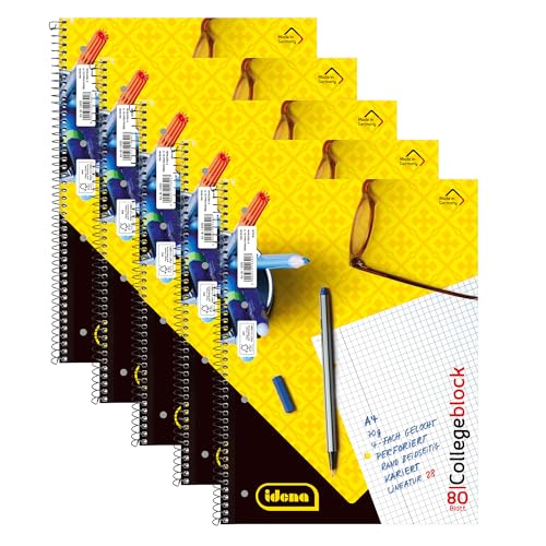 Idena 90367-5 Stück Collegeblock A4 mit 80 Blatt kariert und Doppelrand, Block mit Spiralbindung, 70g/m² Papier 4-fach gelocht und perforiert Idena 90367-5 Stück Collegeblock A4 mit 80 Blatt kariert und Doppelrand, Block mit Spiralbindung, 70g/m² Papier 4-fach gelocht und perforiert von Idena