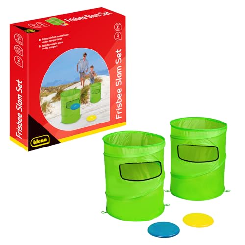 Idena 40381 - Wurfspiel Frisbee Slam Set Outdoor, 2 Faltbare Zielkörbe, 1 Blaue und 1 gelbe Wurfscheibe ⌀ 20 cm, Größe 48 x 38,5 cm, für Erwachsene und Kinder ab 6 Jahren von Idena
