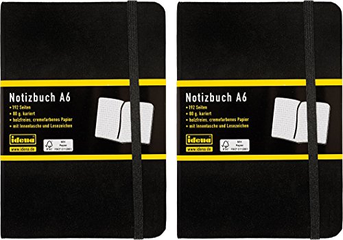 Idena Notizbuch A6, 192 Seiten mit Innentasche und Lesezeichen, 80 g/m², FSC, schwarz (2, A6 kariert) von Idena