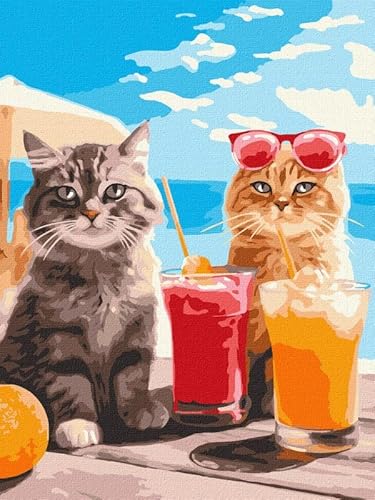 IDEYKA Katzen im Urlaub - Malen nach Zahlen für Erwachsene, einfaches Acryl-Malen nach Zahlen für Erwachsene, malen nach zahlen erwachsene mit rahmen,DIY-Malen nach Zahlen als Geschenk, 30х40cm von IDEYKA