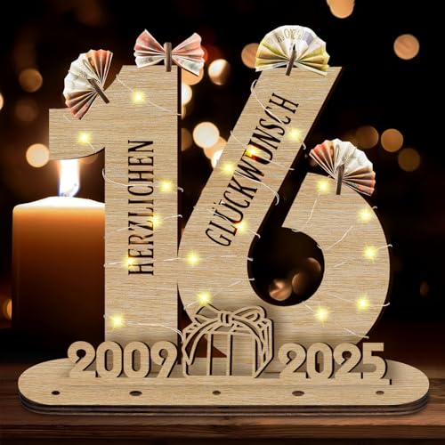 Idota 2025 16 Geburtstag Mädchen Geschenk Holz-Schild mit LED Gästebuch Geldgeschenke Geburtstag Mädchen & Jungs, Geburtstag Deko Geschenke zum 16 Geburtstag, Personalisierbares Geschenk von Idota