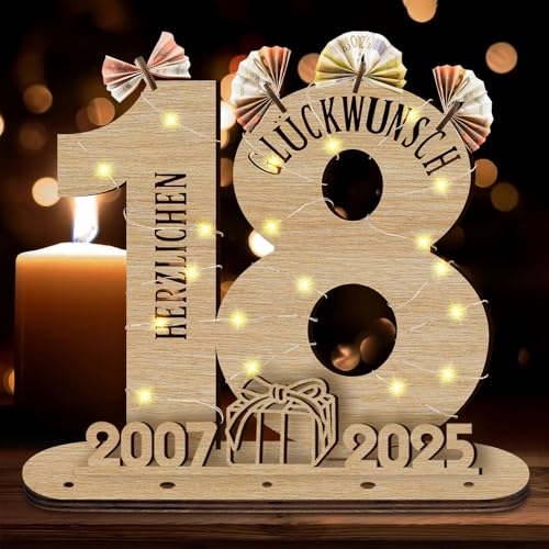 Idota 2025 18 Geburtstag Geschenk Holz-Schild mit LED Gästebuch Geldgeschenke Geburtstag Frauen & Männer, Geburtstag Deko Geschenke zum 18 Geburtstag, Personalisierbares Geschenk von Idota