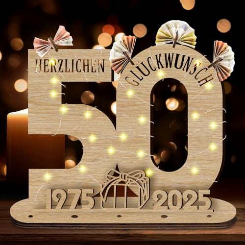Idota 2025 50 Geburtstag Frau Holz-Schild mit LED Gästebuch Geburtstag Geldgeschenke Geburtstag Männer & Frauen, Geburtstag Deko 50 Geburtstag Mann Deko, Personalisierbares Geschenk von Idota