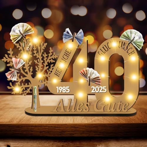 Idota 40 Geburtstag Männer Fraun Deko Geldbaum Geschenk, Lebensbaum Deko mit Led, 40 Geburtstag Geschenk Deko Geschenk, Holz-Schild Gästebuch Geldgeschenke, Personalisierte Geburtstag Geschenk von Idota