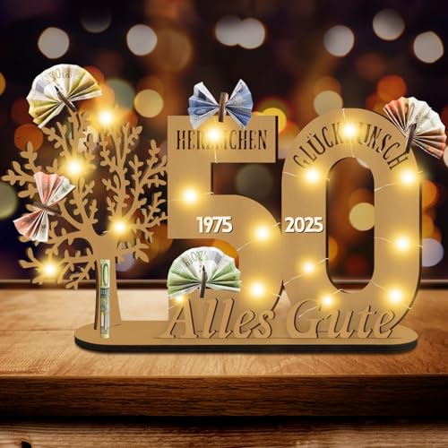 Idota 50 Geburtstag Frau Mann Deko Geldbaum Geschenk, Lebensbaum Deko mit Led, 50 Geburtstag Geschenk Deko Geschenk, Holz-Schild Gästebuch Geldgeschenke, Personalisierte Geburtstag Geschenk von Idota