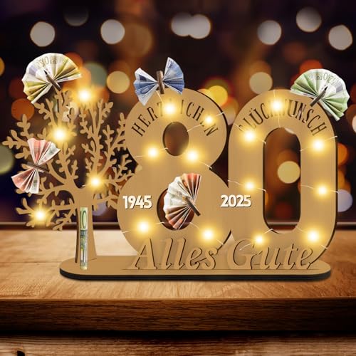 Idota 80 Geburtstag Deko Frau Mann Geldbaum Geschenk, Lebensbaum Deko mit Led, Geschenke zum 80 Geburtstag, 80. Geburtstag Mann Holz-Schild Gästebuch Geldgeschenke, Personalisierte Geburtstag Geschenk von Idota