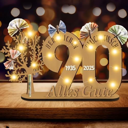 Idota 90 Geburtstag Geschenk Frau Mann Geldbaum Geschenk, Lebensbaum Deko mit Led, 90. Geburtstag Mann Gästebuch Deko Holz-Schild Gästebuch Geldgeschenke, Personalisierte Geburtstag Geschenk von Idota